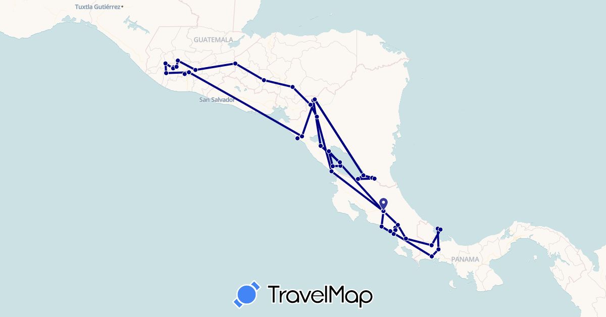 TravelMap itinerary: driving in Costa Rica, Guatemala, Honduras, Nicaragua, Panama (North America)